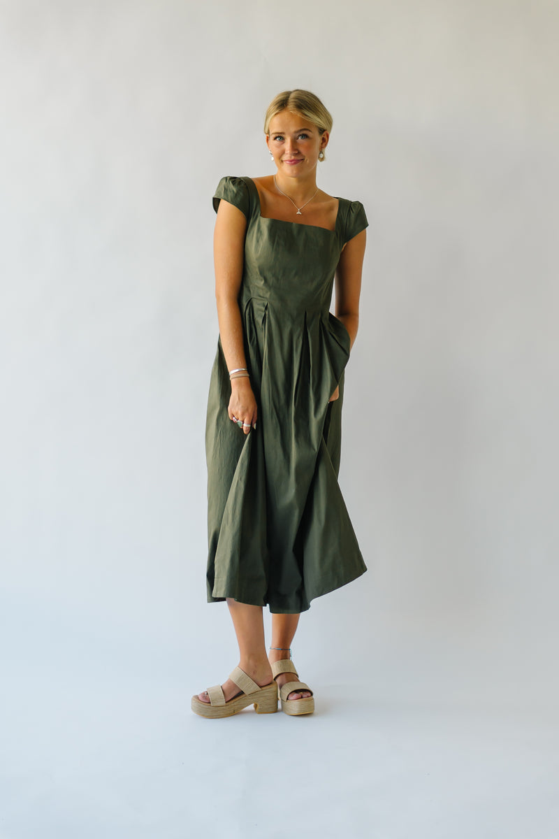 The Whitmire Ruffle Sleeve Midi Dress in Olive