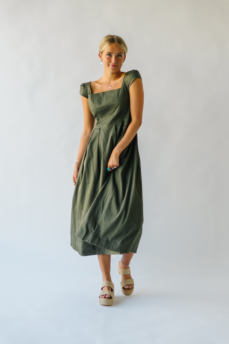 The Whitmire Ruffle Sleeve Midi Dress in Olive