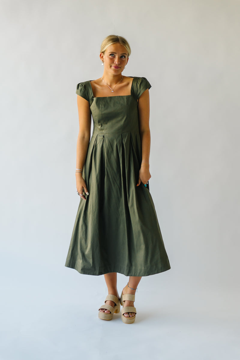 The Whitmire Ruffle Sleeve Midi Dress in Olive