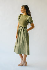 The Fanelli Knit Bodice Midi Dress in Olive