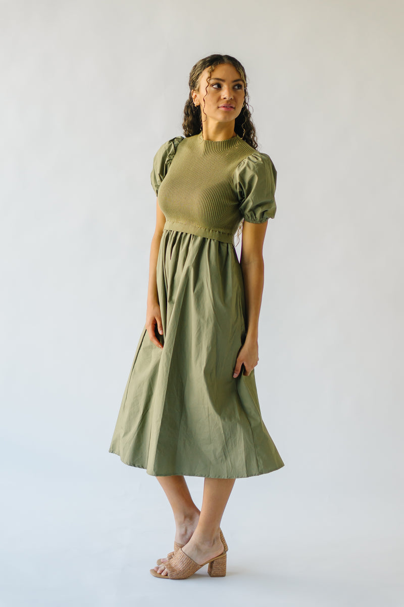 The Fanelli Knit Bodice Midi Dress in Olive