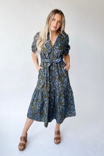 The Solvay Tiered Midi Dress in Green + Blue Multi