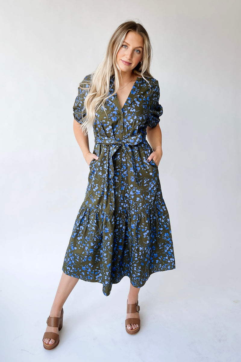 The Solvay Tiered Midi Dress in Green + Blue Multi