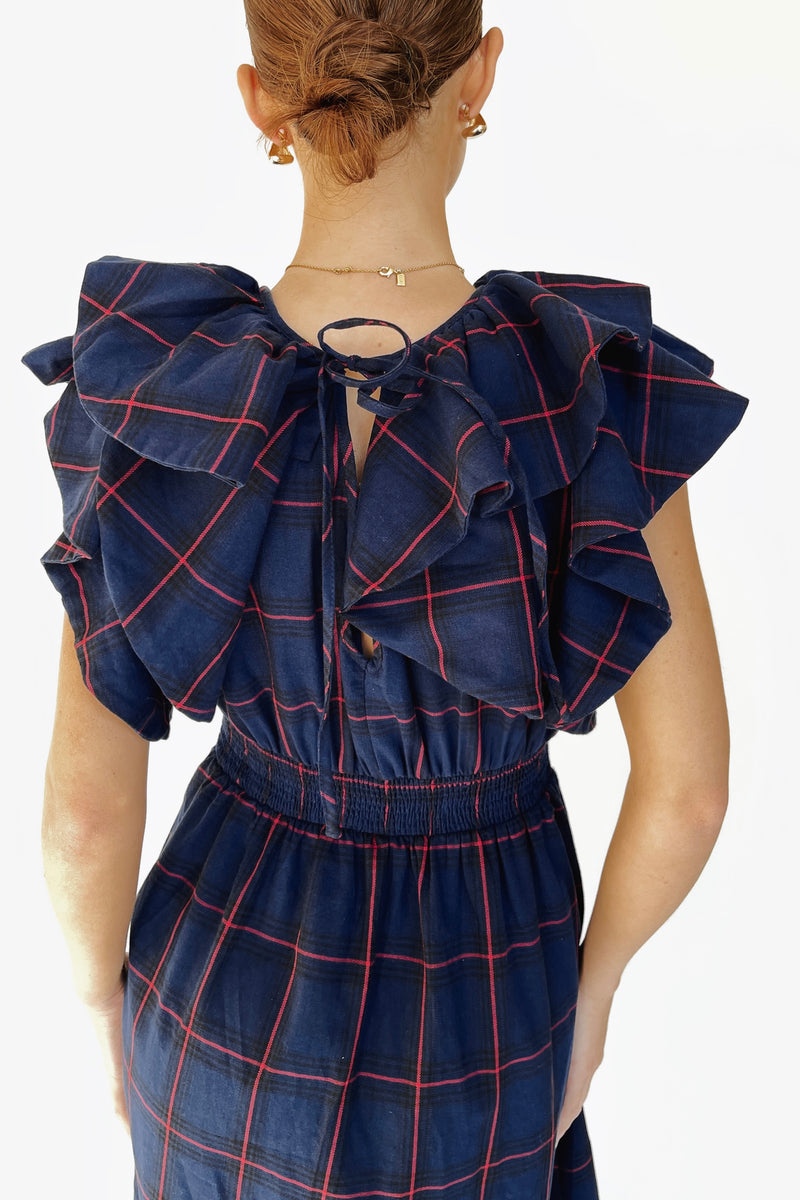 The Bauserman Ruffle Sleeve Midi Dress in Navy Plaid