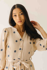 The Odette Printed Floral Midi Dress in Natural + Navy