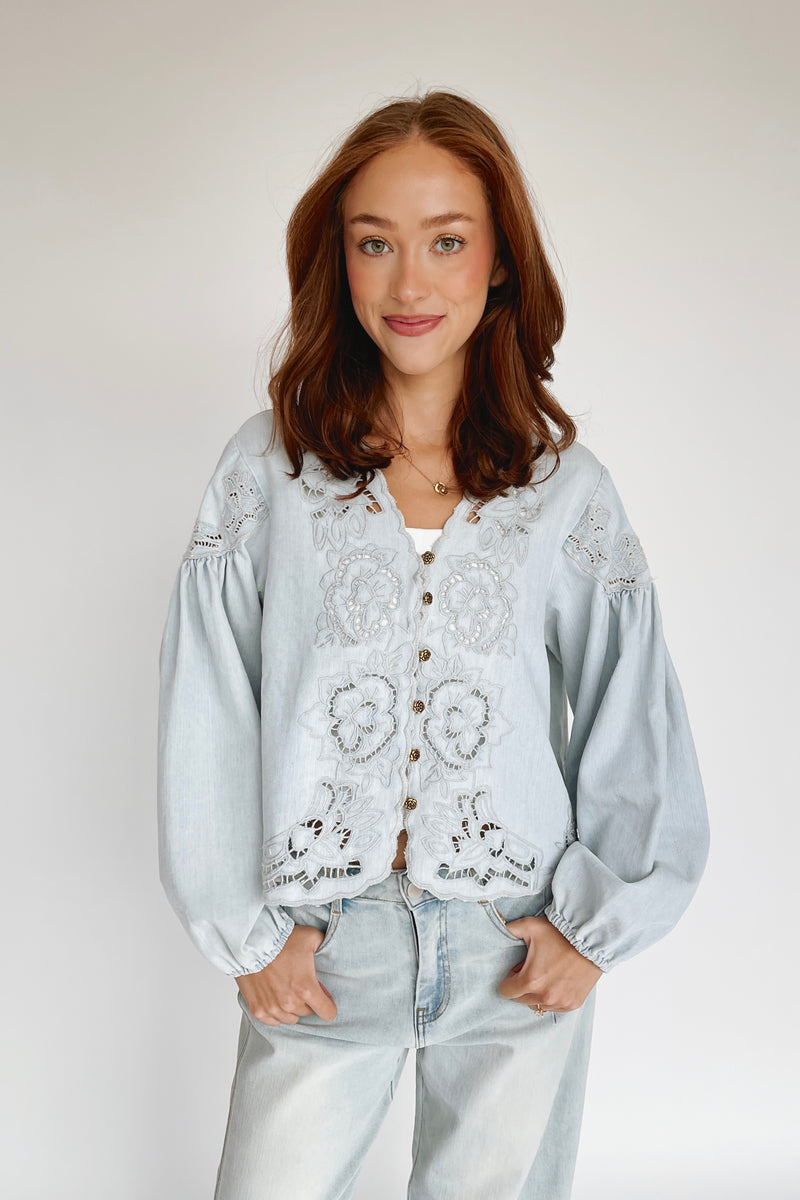 The Sanborn Embroidered Blouse in Denim