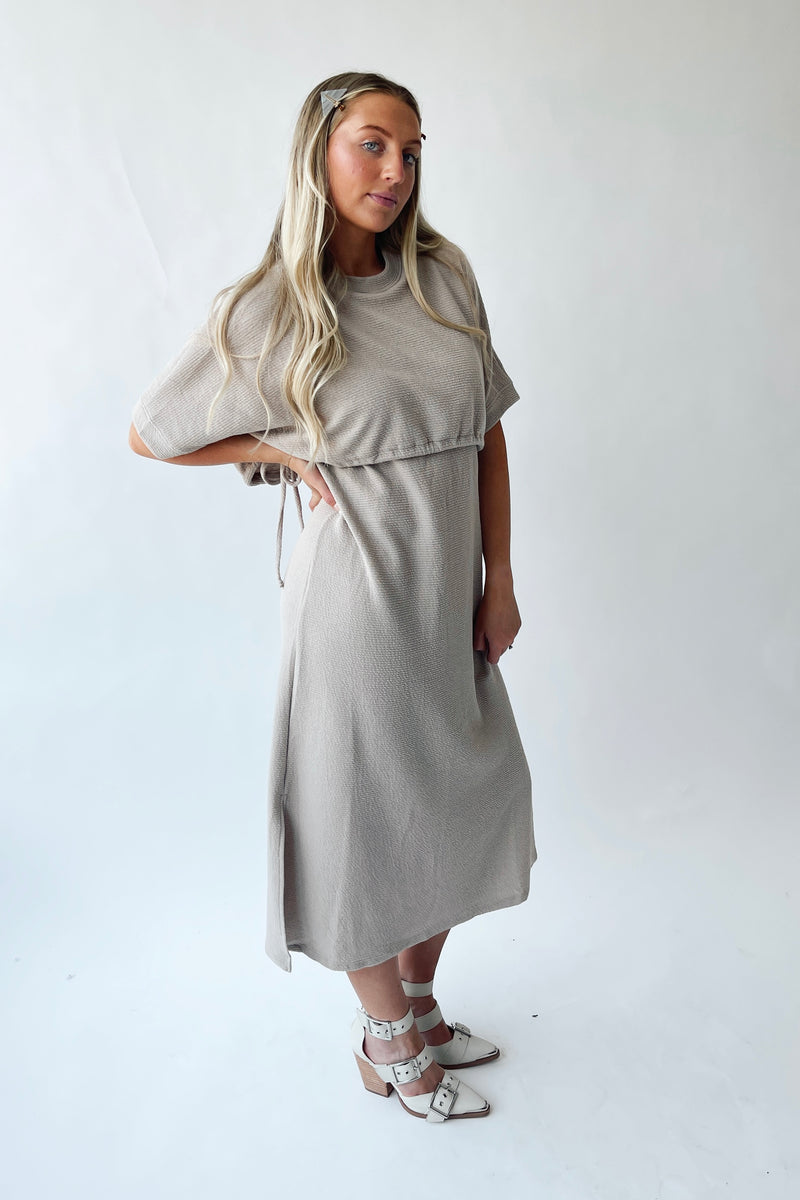 The Andra Tie Detail Midi Dress in Taupe
