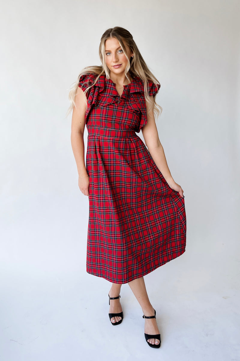 The Anya Plaid Tie Detail Midi Dress in Red Multi