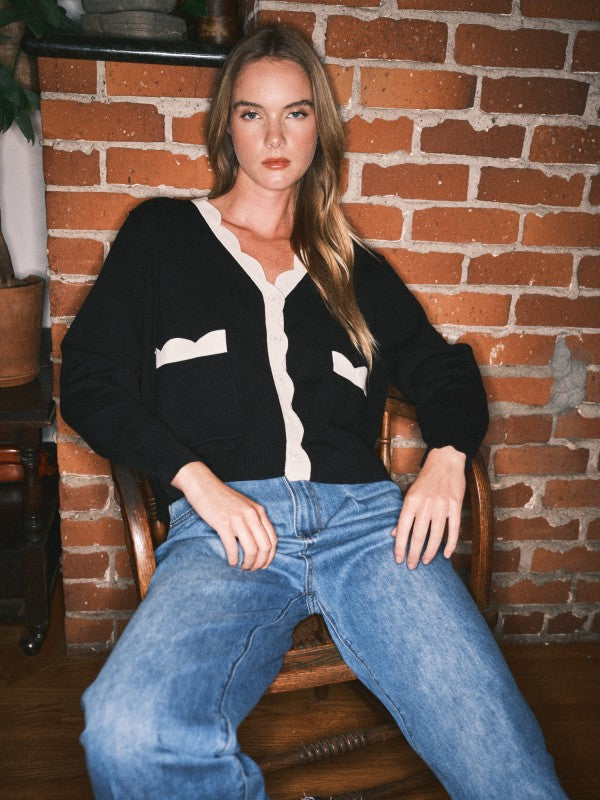 The Lucero Scallop Detail Cardigan in Black