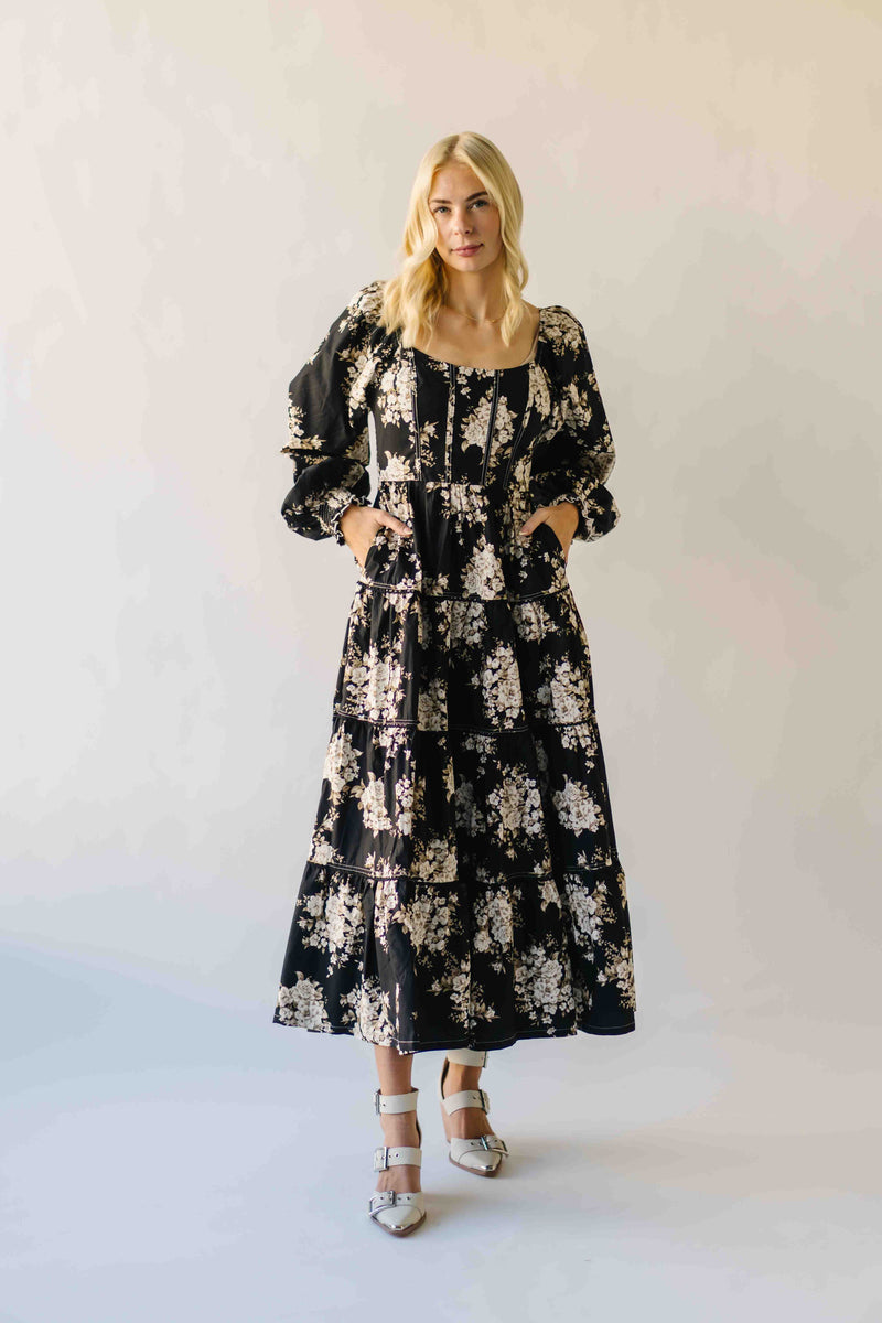 The Marium Tiered Floral Midi Dress in Black