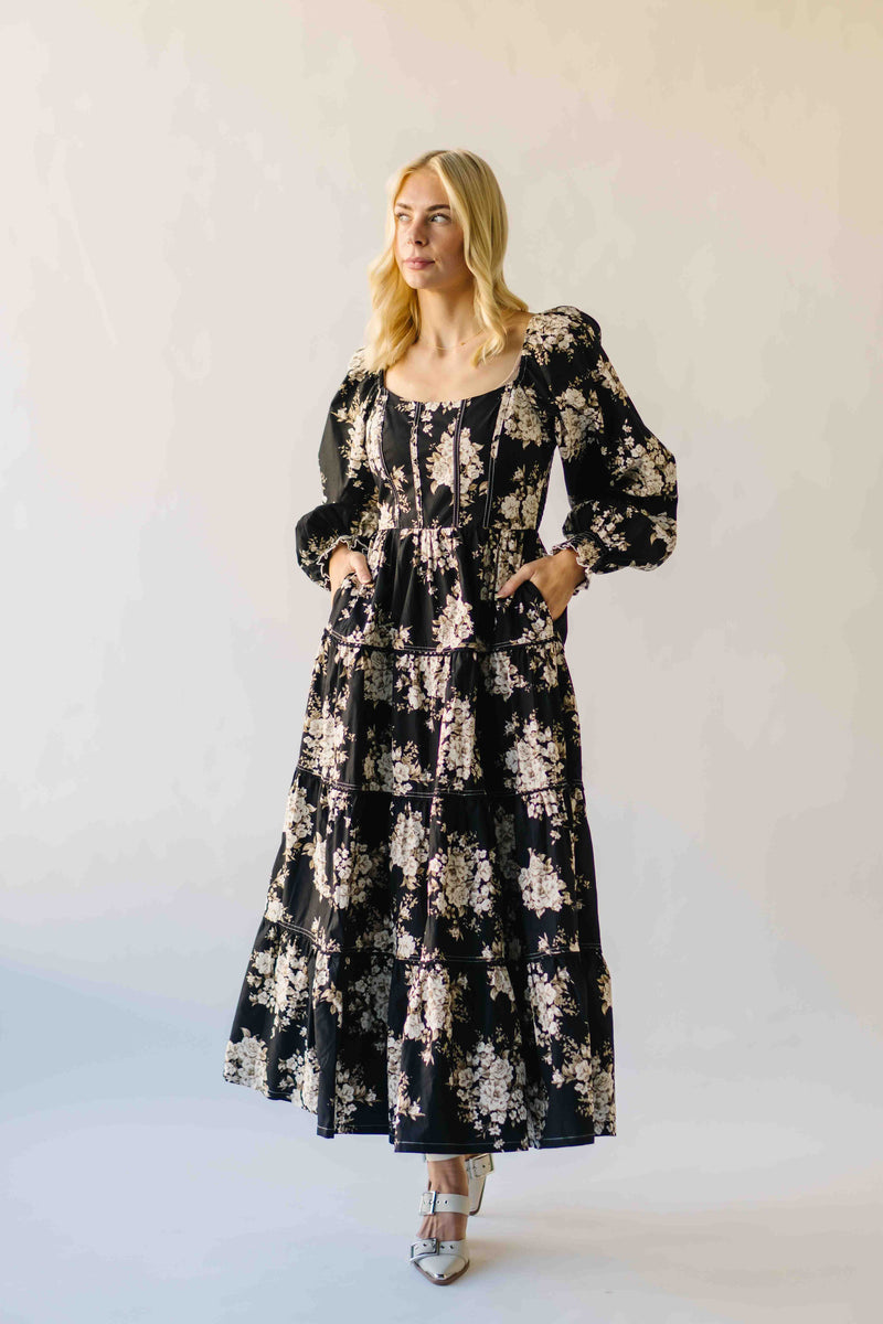 The Marium Tiered Floral Midi Dress in Black