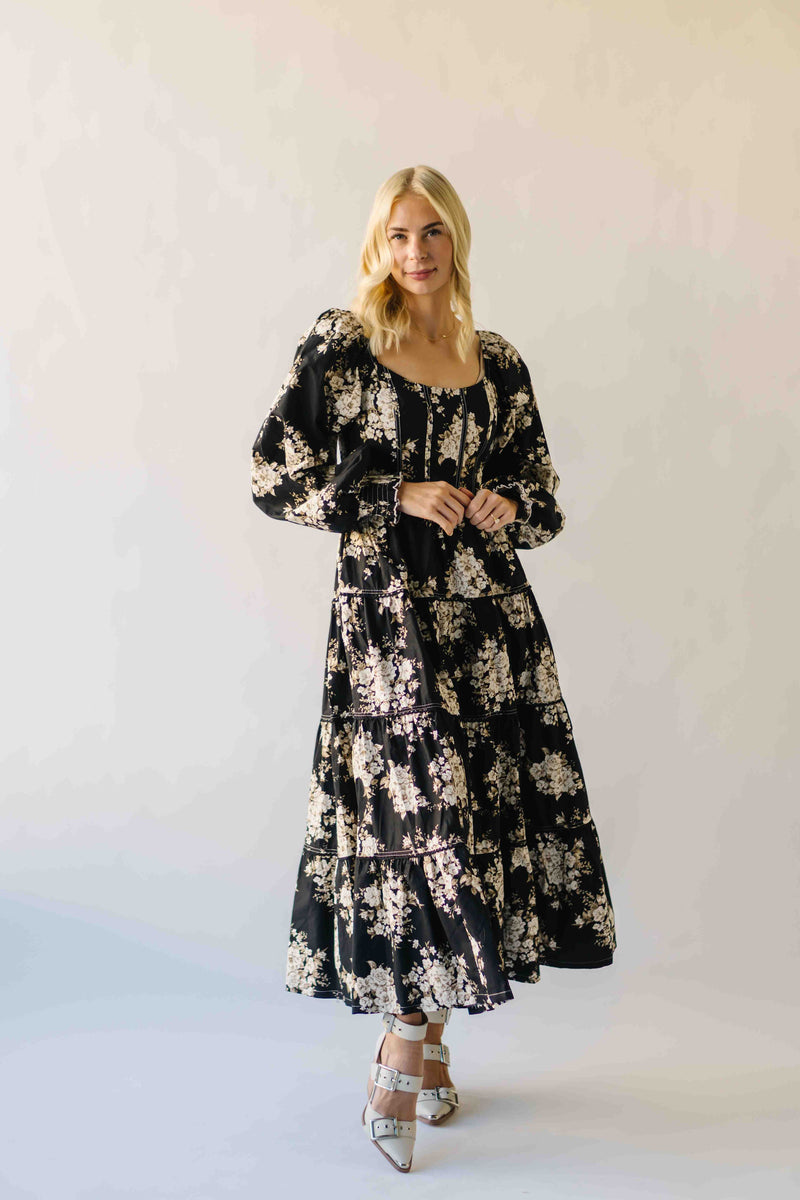 The Marium Tiered Floral Midi Dress in Black