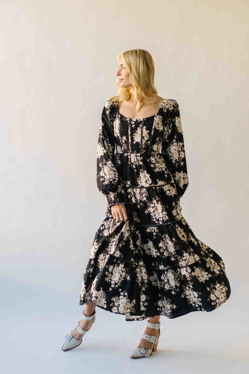 The Marium Tiered Floral Midi Dress in Black