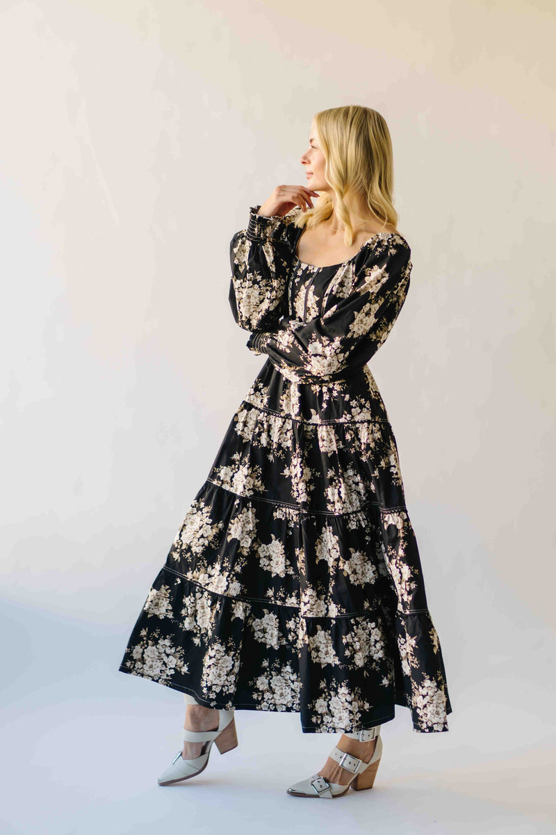 The Marium Tiered Floral Midi Dress in Black