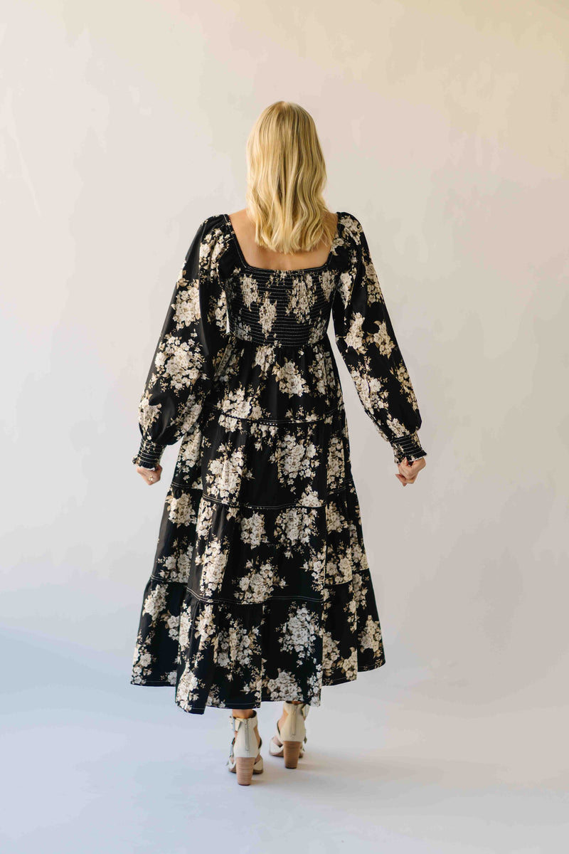 The Marium Tiered Floral Midi Dress in Black