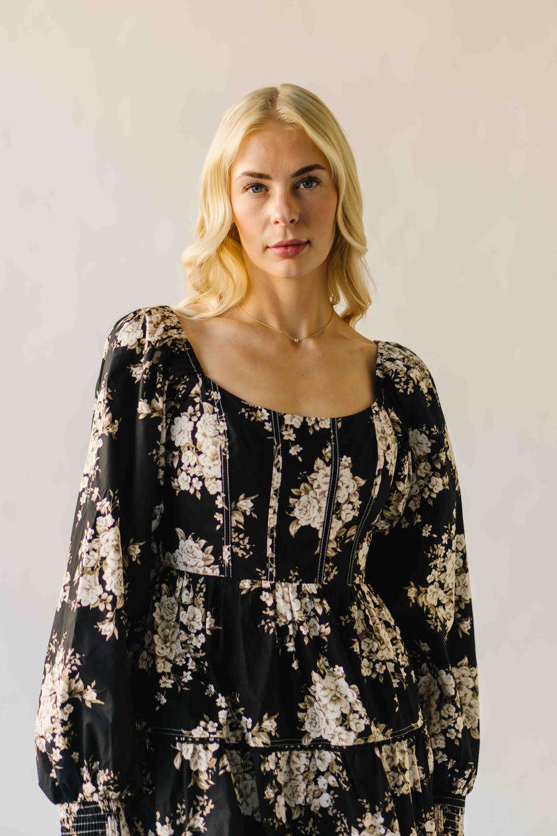 The Marium Tiered Floral Midi Dress in Black