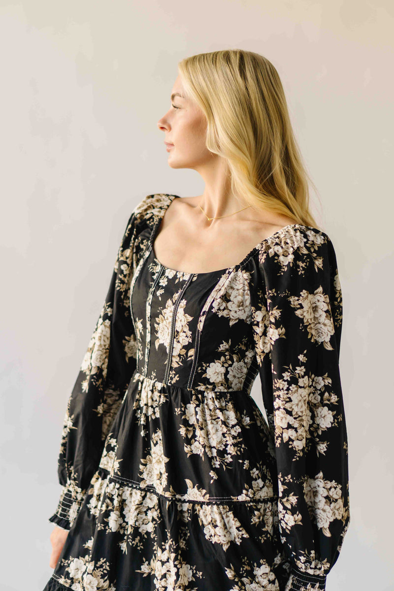 The Marium Tiered Floral Midi Dress in Black