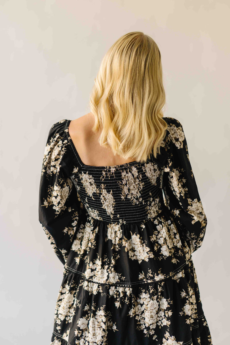The Marium Tiered Floral Midi Dress in Black