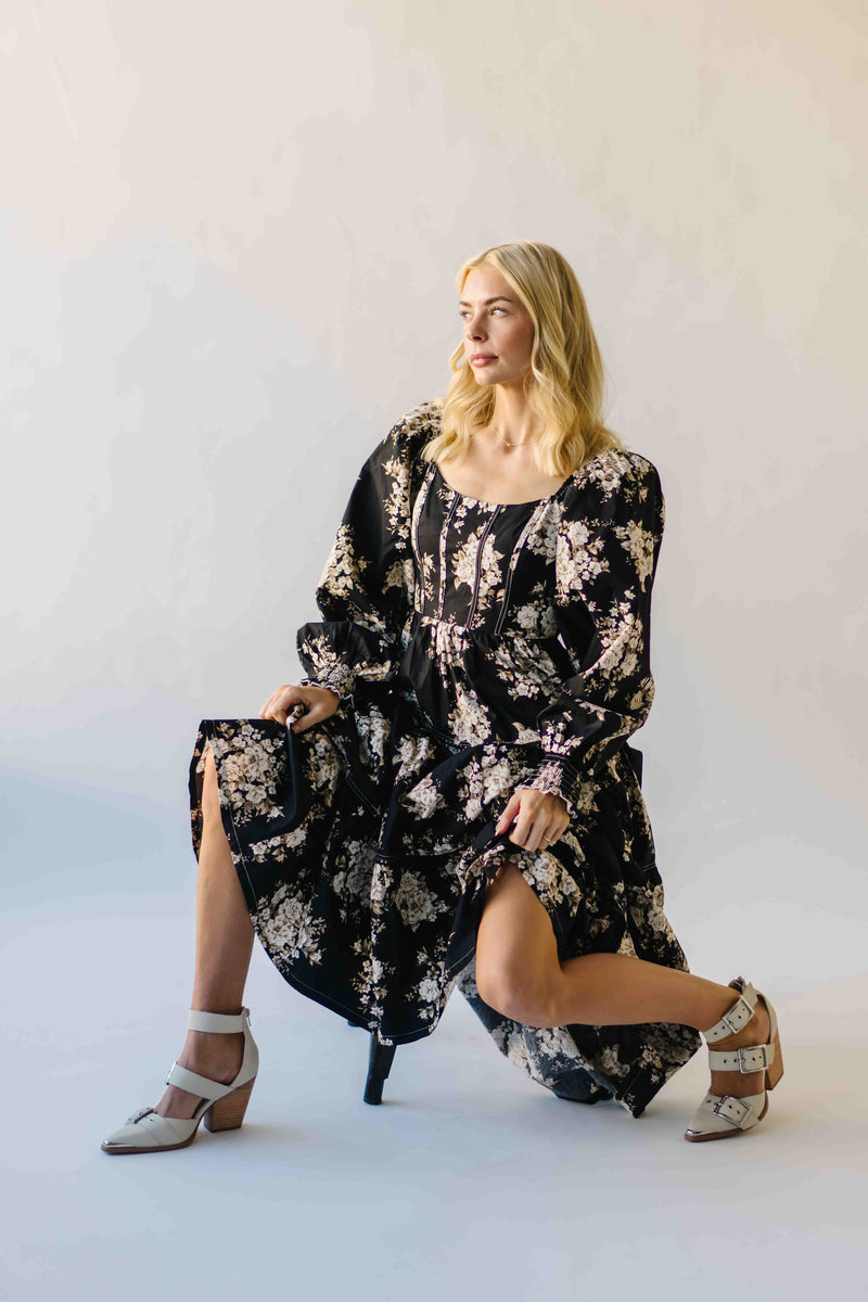 The Marium Tiered Floral Midi Dress in Black