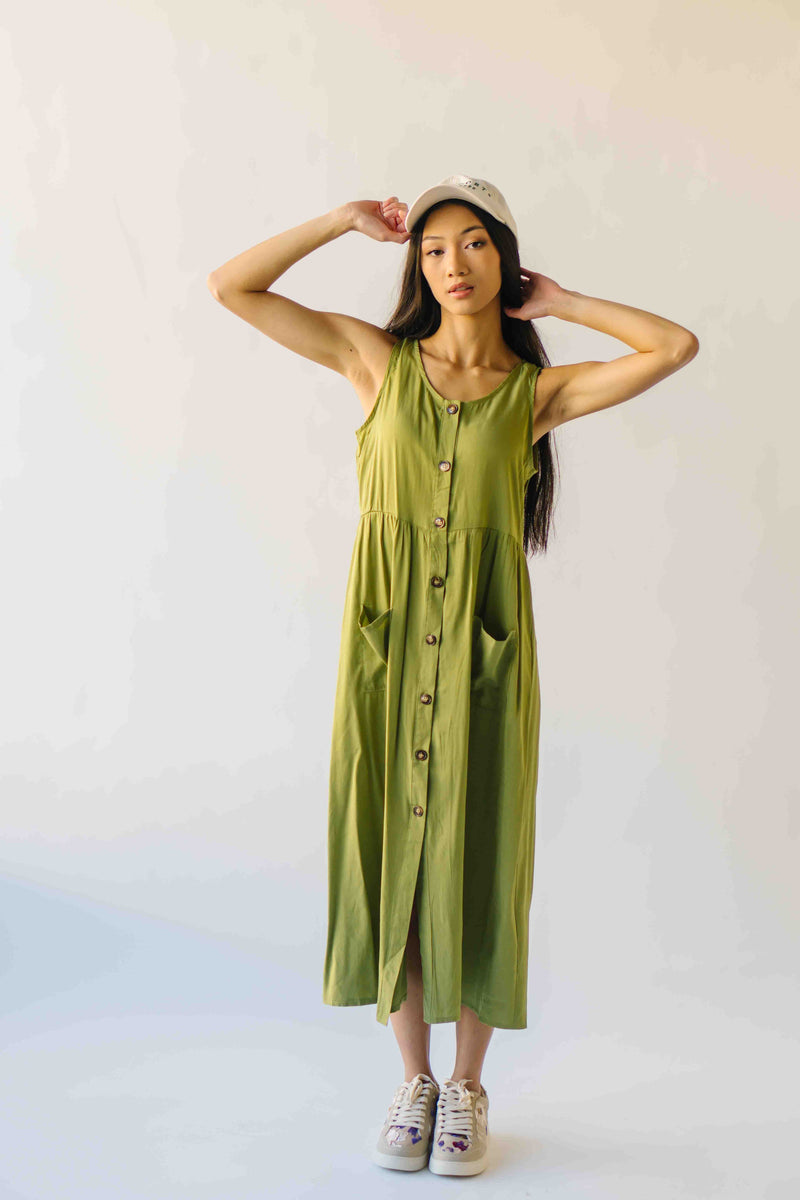 The Broxton Button-Down Midi Dress in Olive