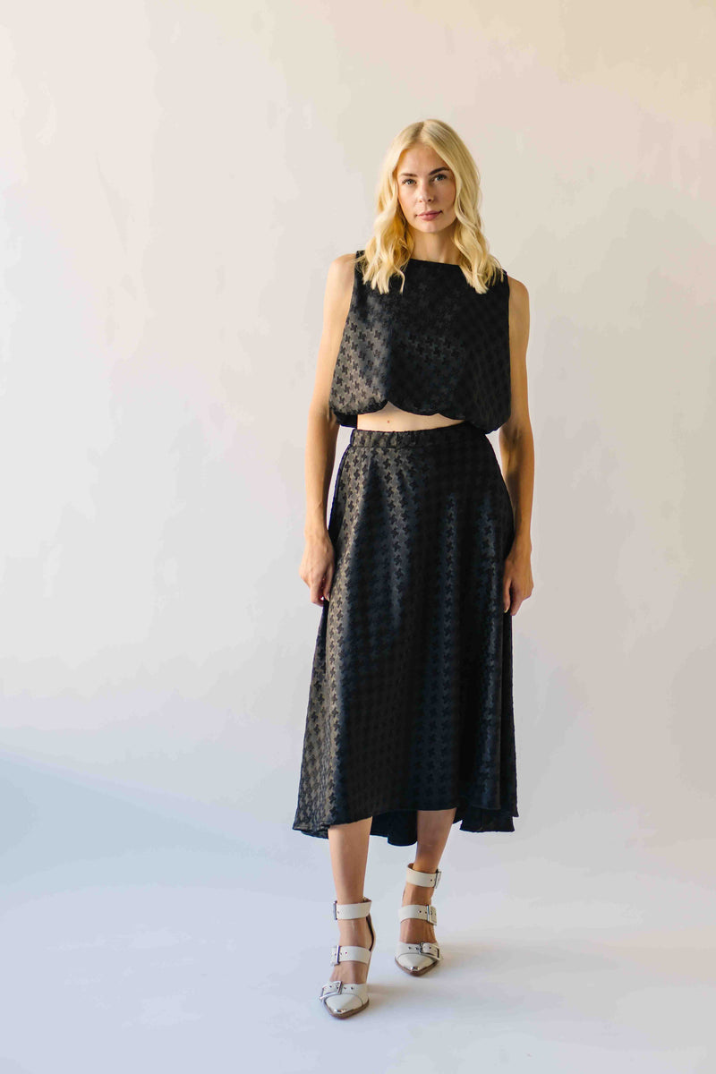 The Brewster Houndstooth Midi Skirt in Black
