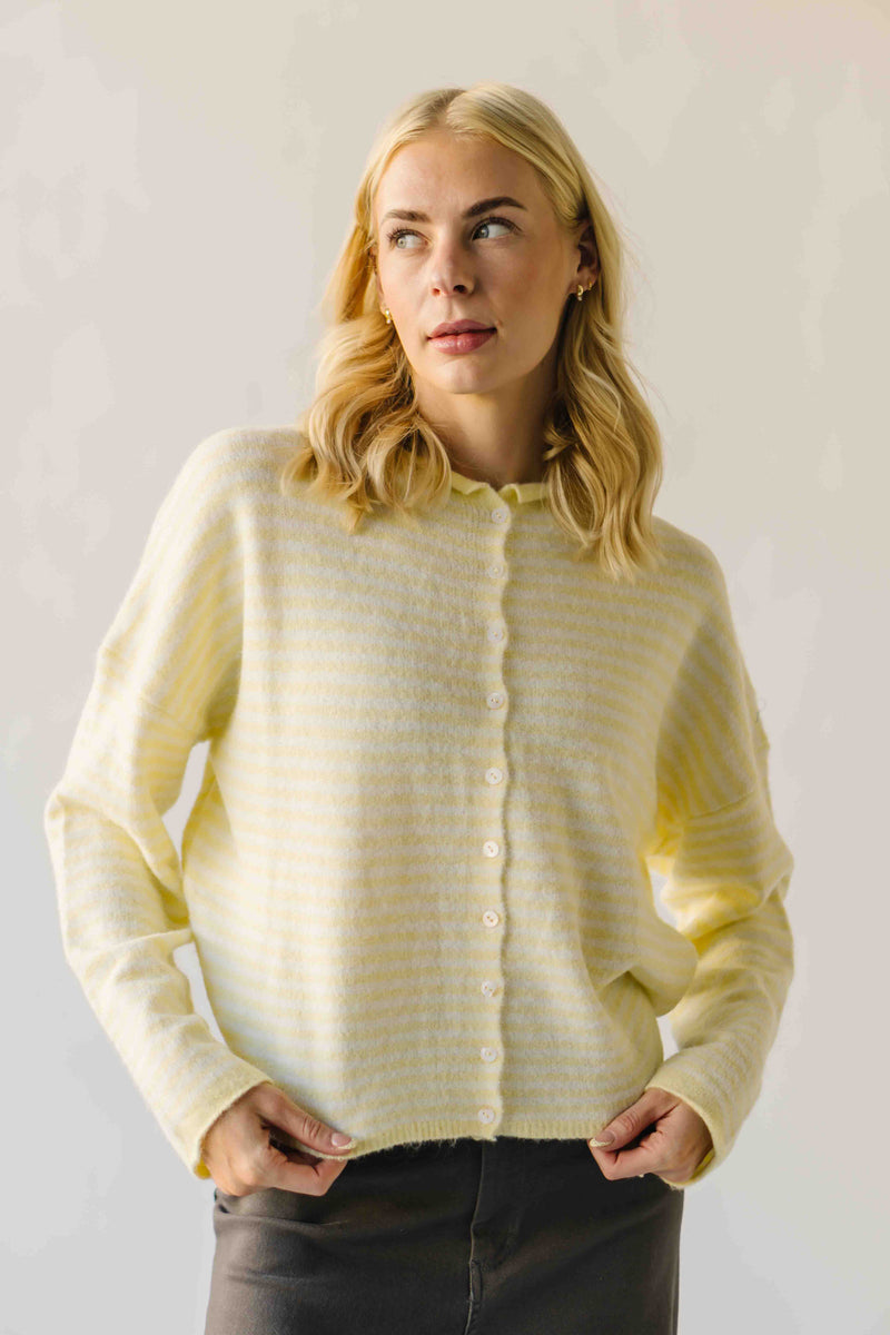 The Riggs Button-Down Sweater in Ivory + Butter Mini Stripe