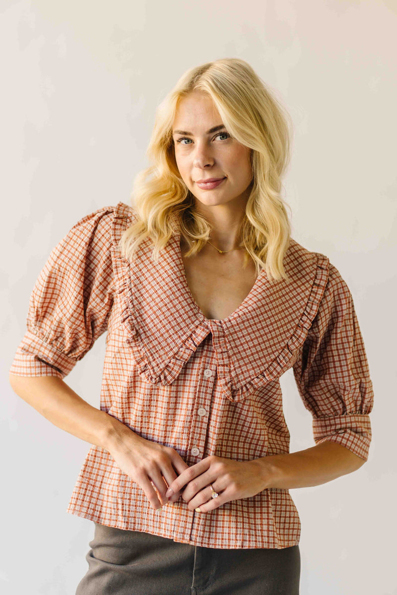 The Bowie Collared Blouse in Grapefruit Plaid