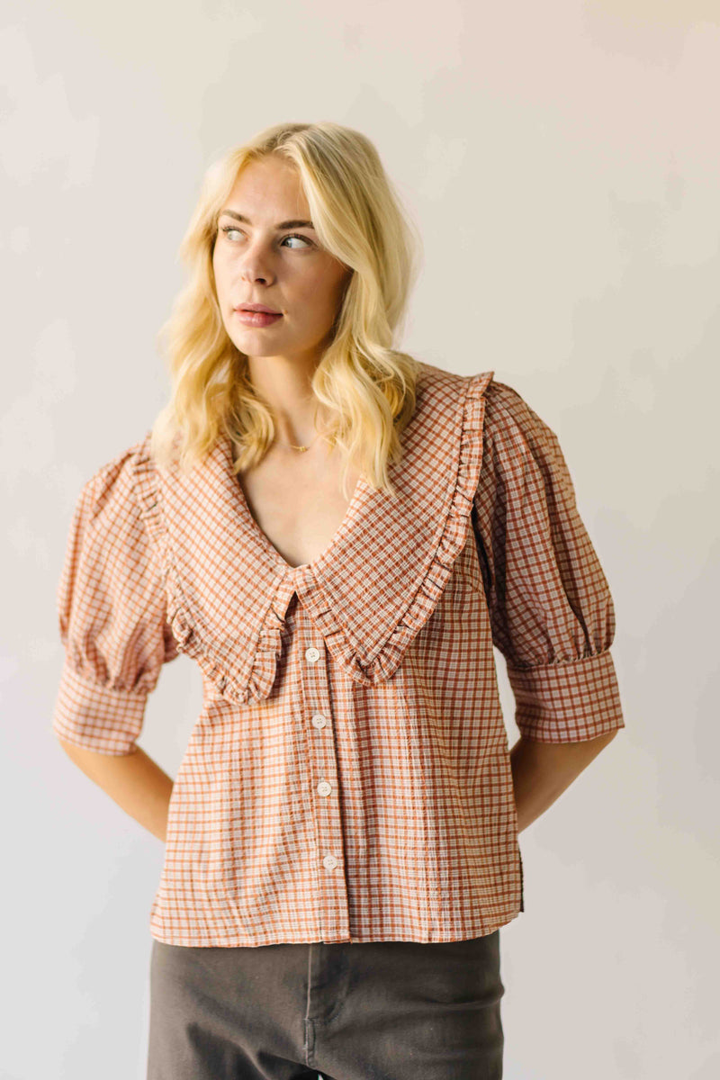 The Bowie Collared Blouse in Grapefruit Plaid