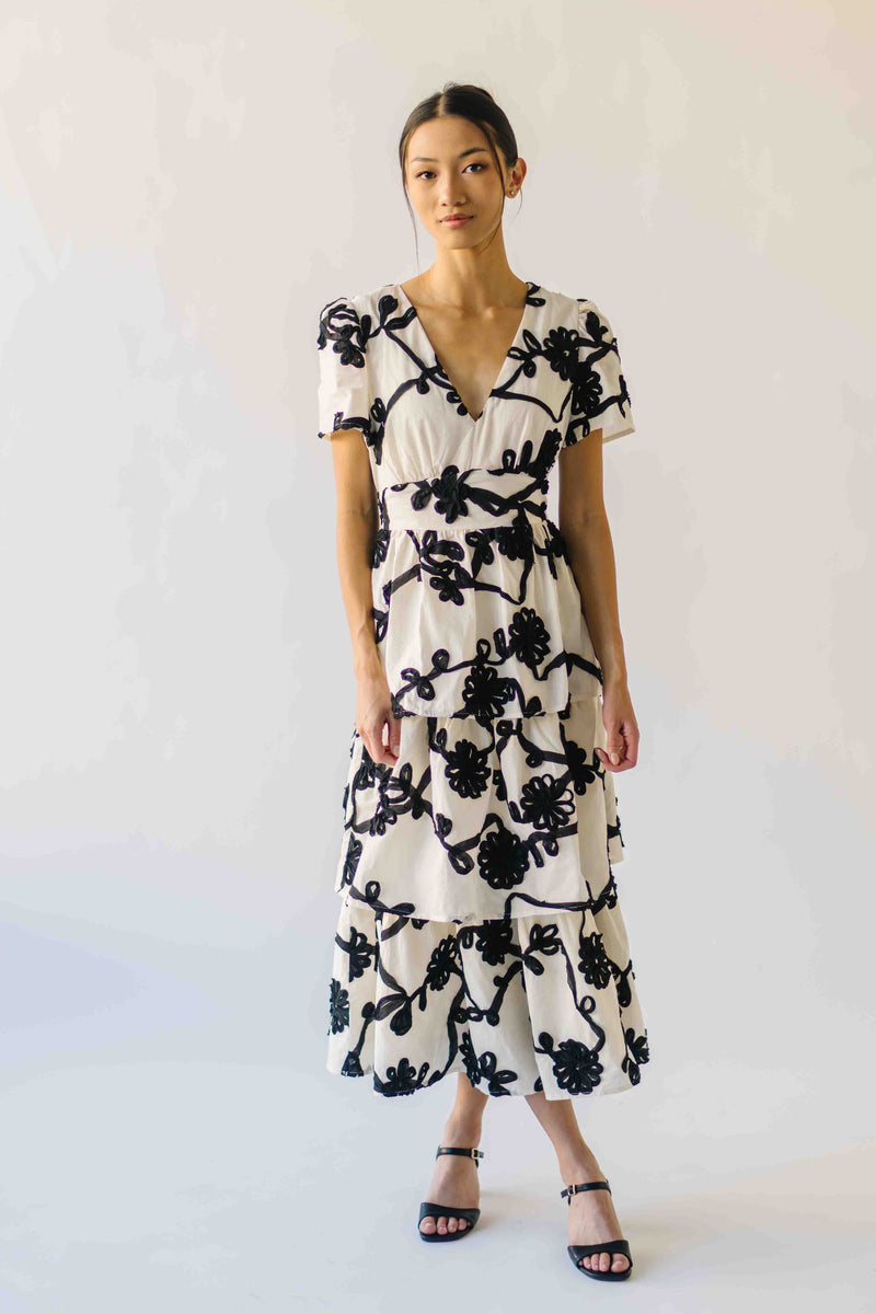 The Jensen Floral Embroidered Midi Dress in Ivory + Black