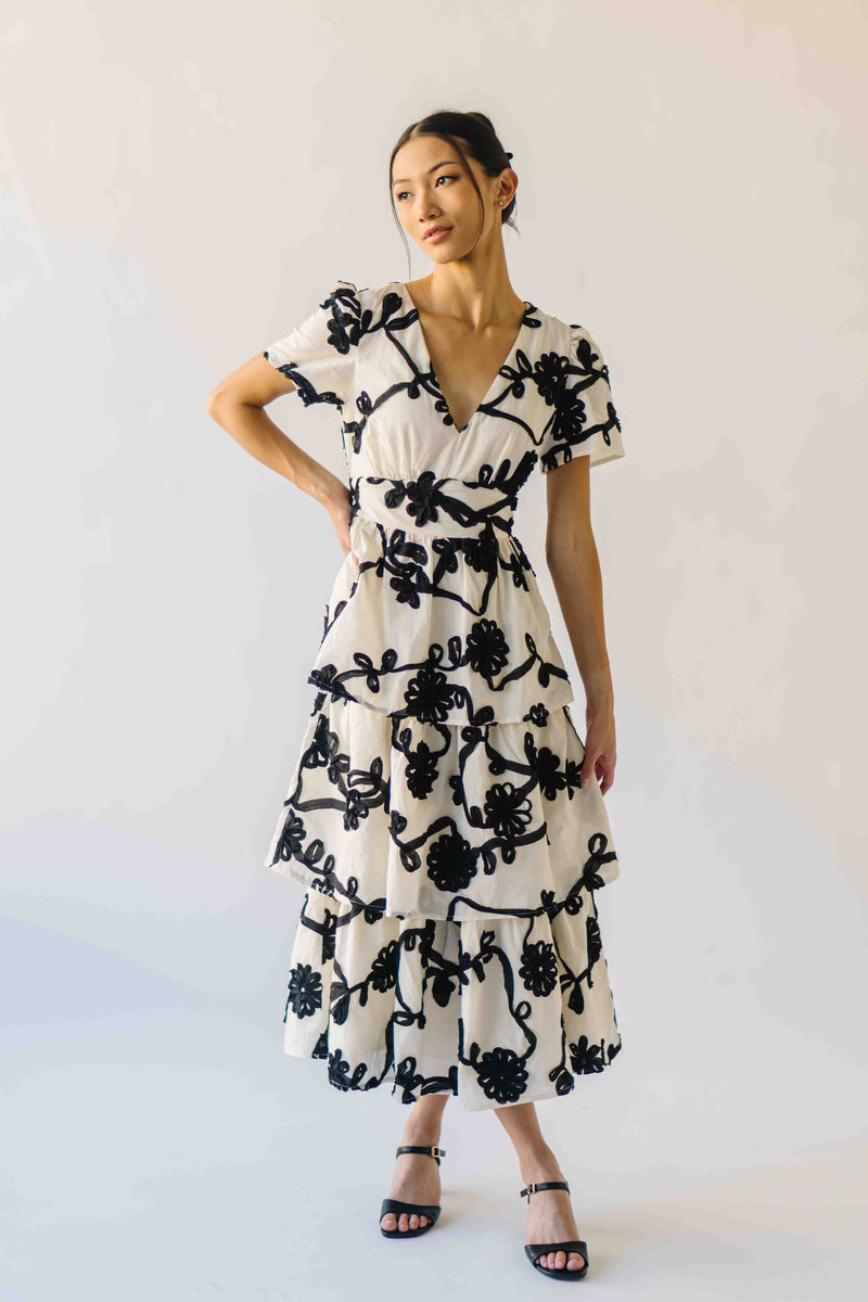 The Jensen Floral Embroidered Midi Dress in Ivory + Black
