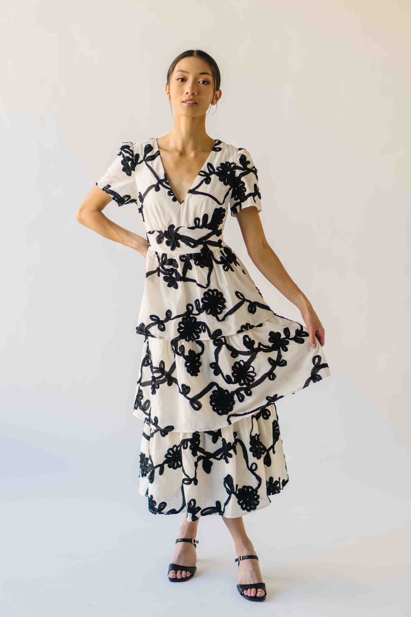 The Jensen Floral Embroidered Midi Dress in Ivory + Black