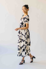 The Jensen Floral Embroidered Midi Dress in Ivory + Black