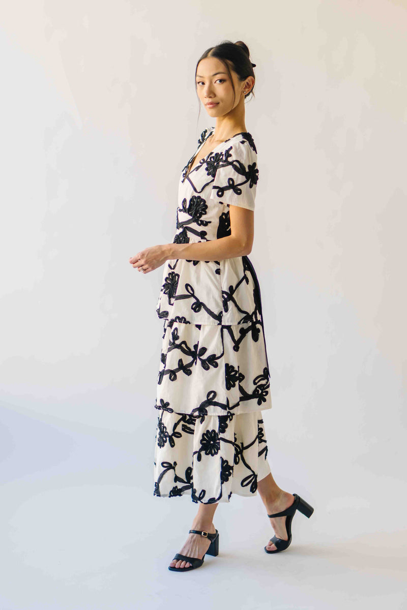 The Jensen Floral Embroidered Midi Dress in Ivory + Black