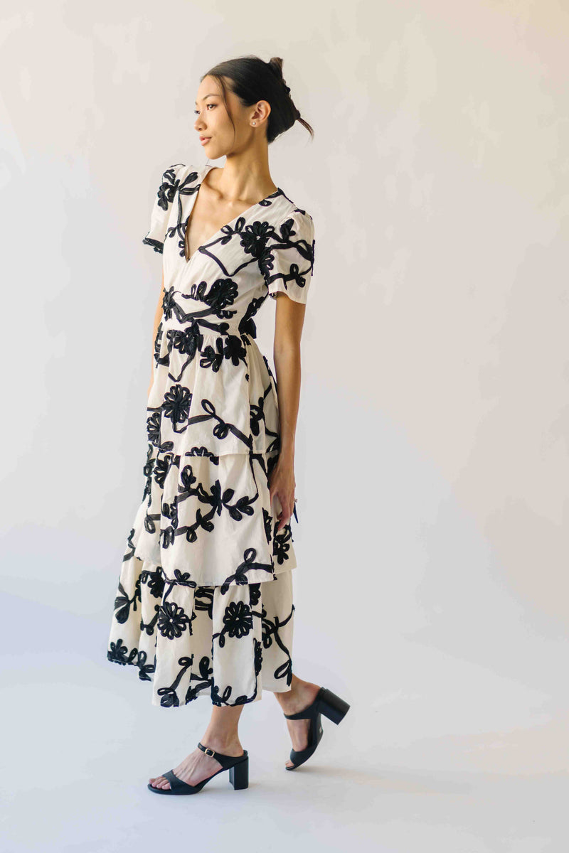 The Jensen Floral Embroidered Midi Dress in Ivory + Black