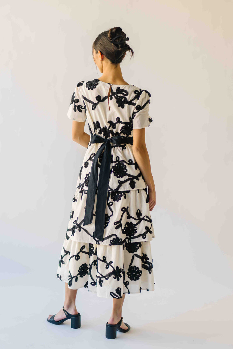 The Jensen Floral Embroidered Midi Dress in Ivory + Black
