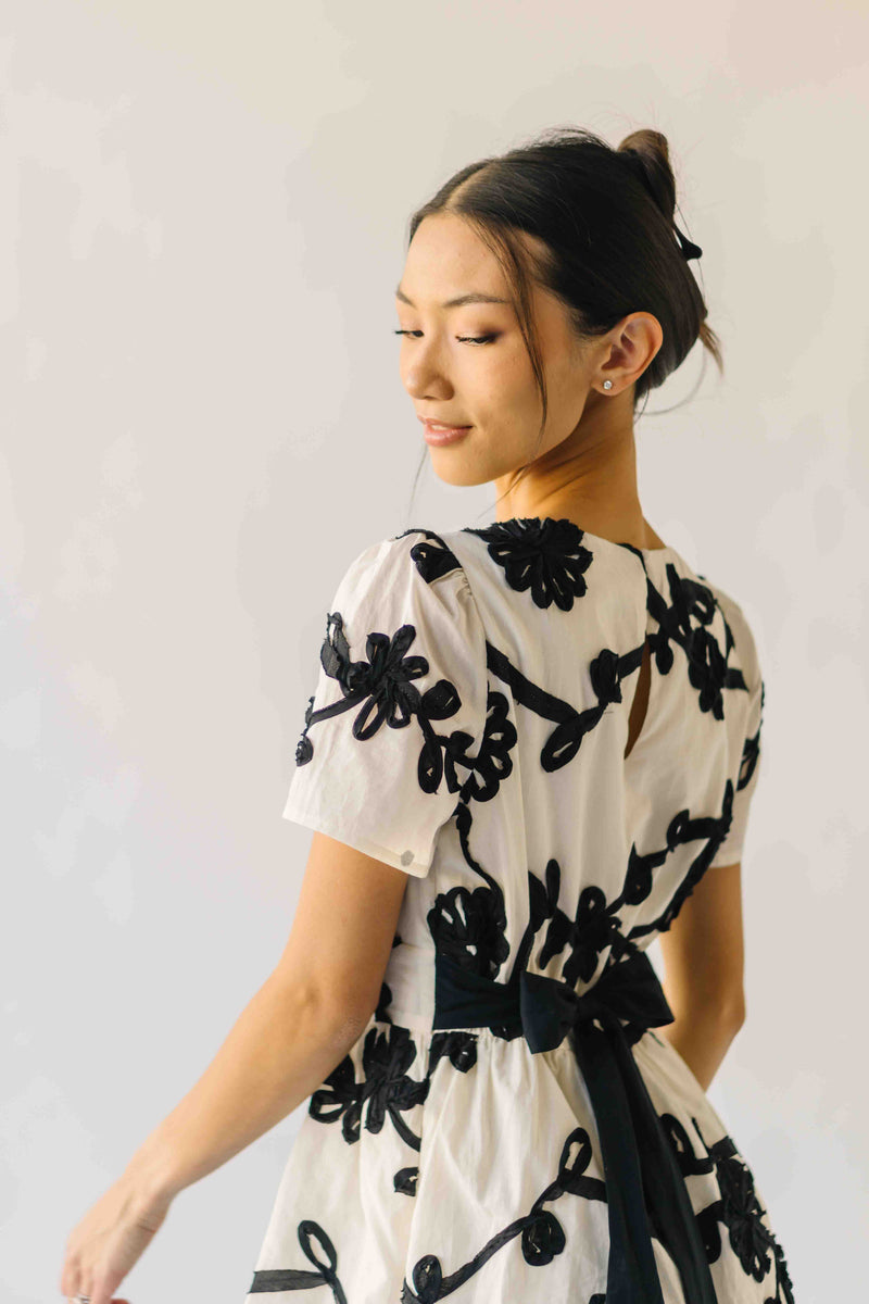The Jensen Floral Embroidered Midi Dress in Ivory + Black