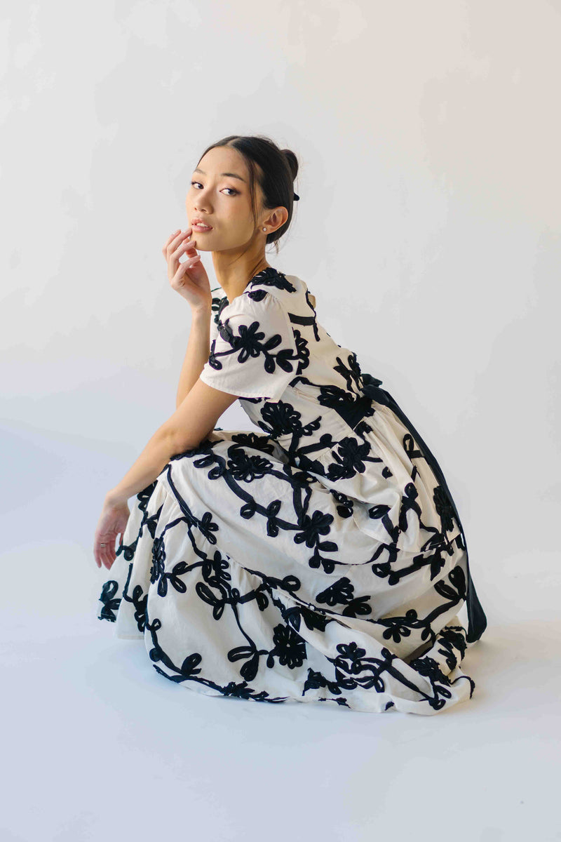 The Jensen Floral Embroidered Midi Dress in Ivory + Black
