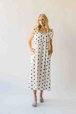 The Kimmy Ruffle Detail Midi Dress in Ivory + Black Dot