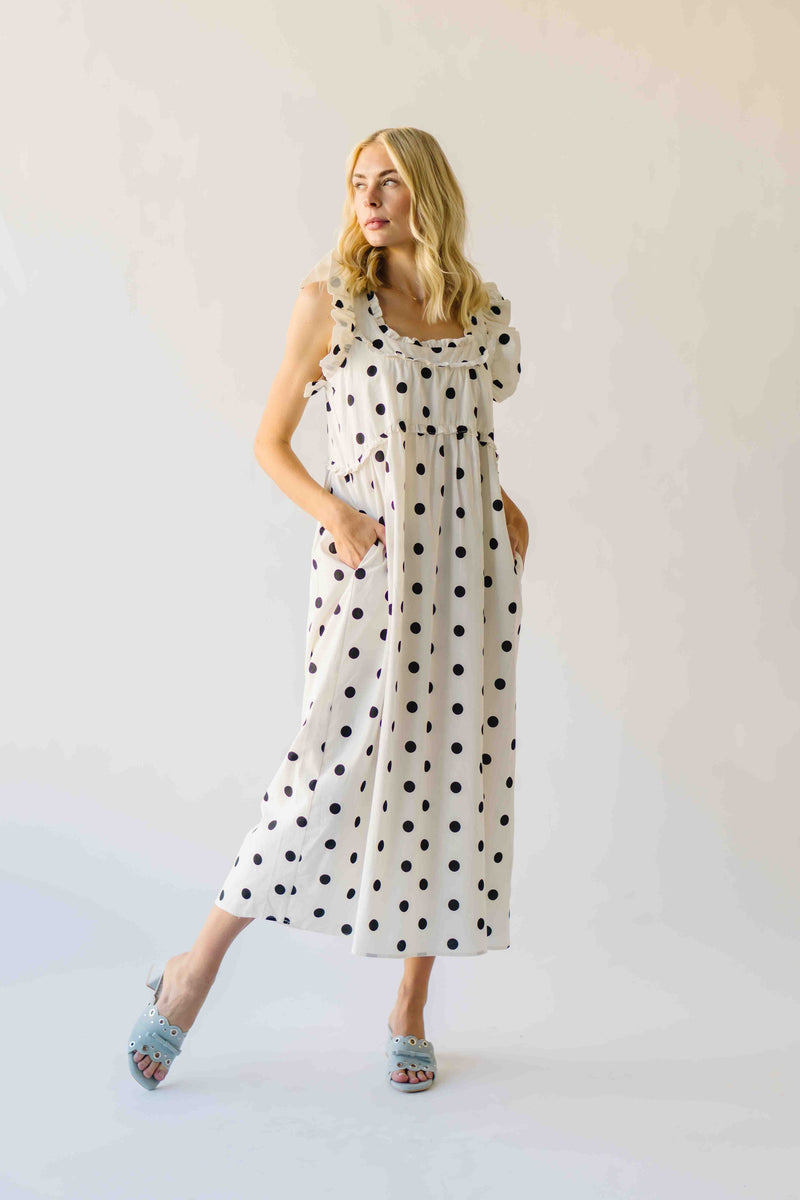 The Kimmy Ruffle Detail Midi Dress in Ivory + Black Dot