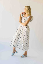 The Kimmy Ruffle Detail Midi Dress in Ivory + Black Dot