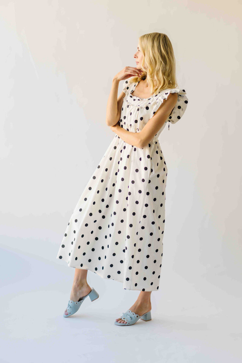 The Kimmy Ruffle Detail Midi Dress in Ivory + Black Dot