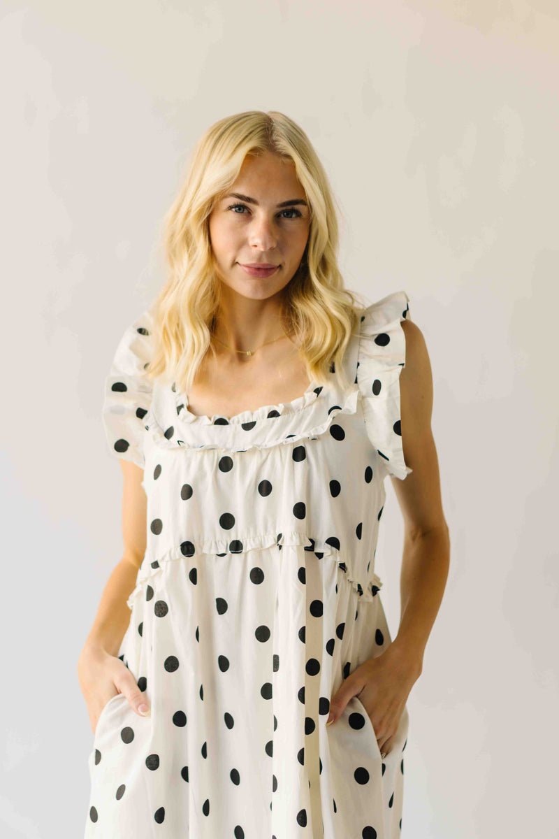 The Kimmy Ruffle Detail Midi Dress in Ivory + Black Dot