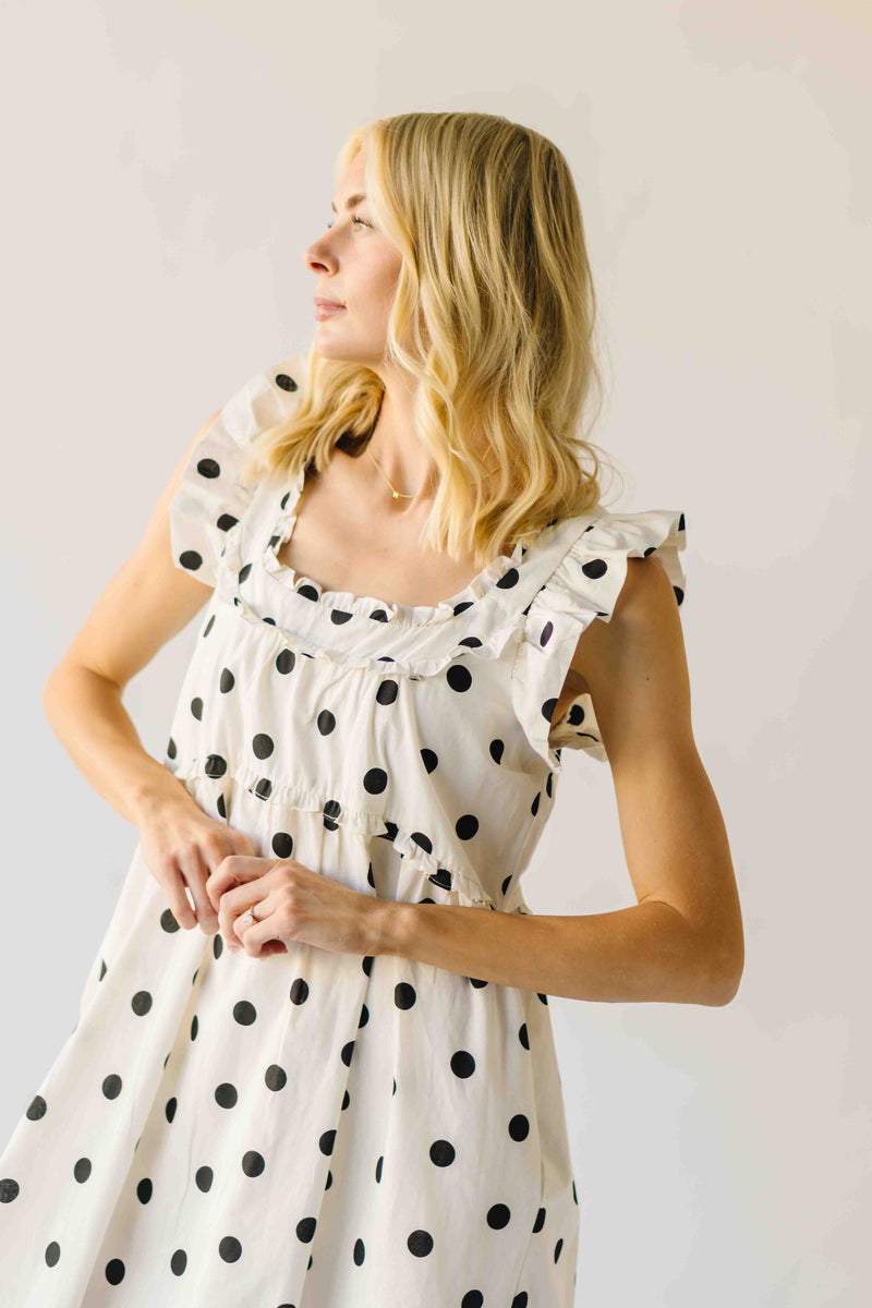 The Kimmy Ruffle Detail Midi Dress in Ivory + Black Dot