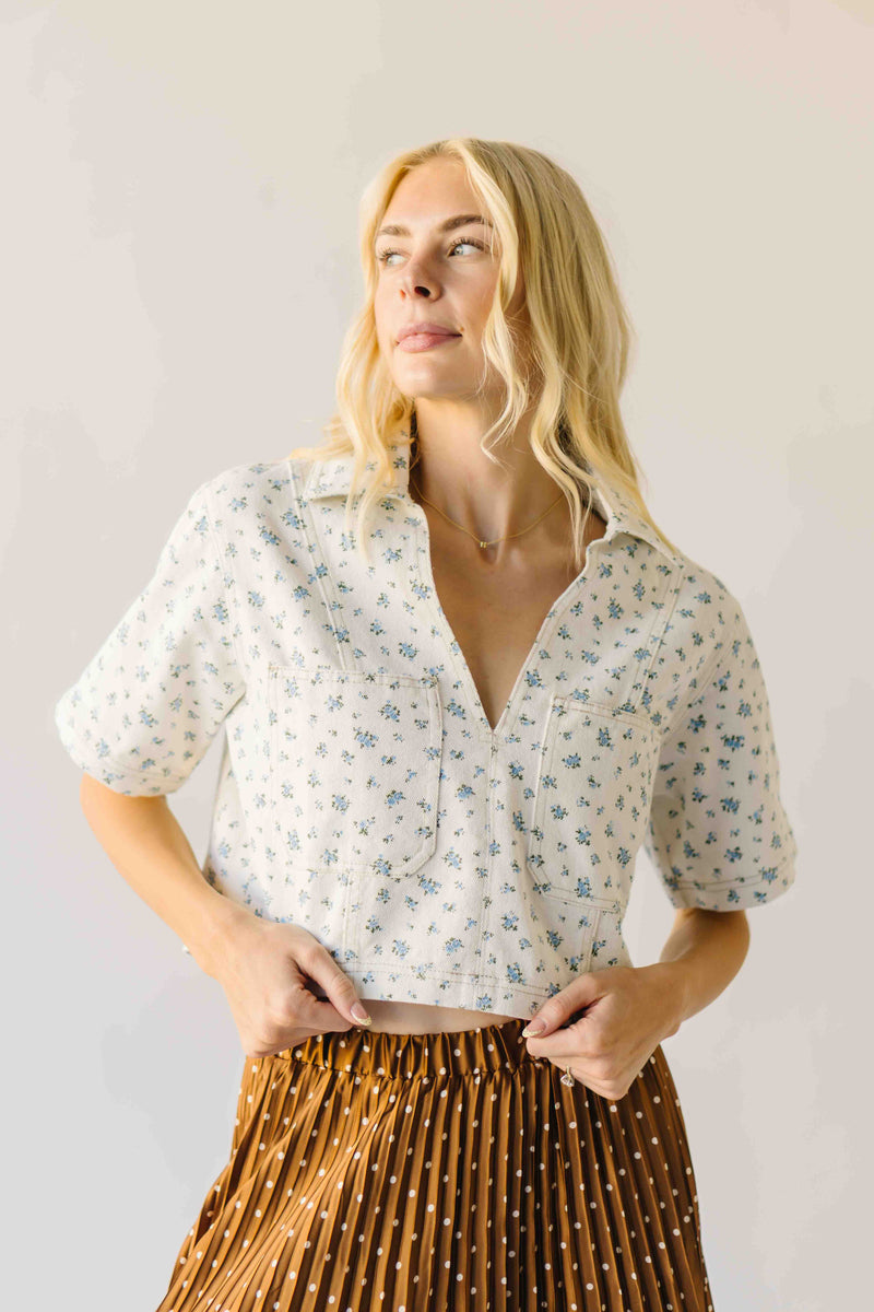 The Joplin Pocket Detail Blouse in White + Blue Floral