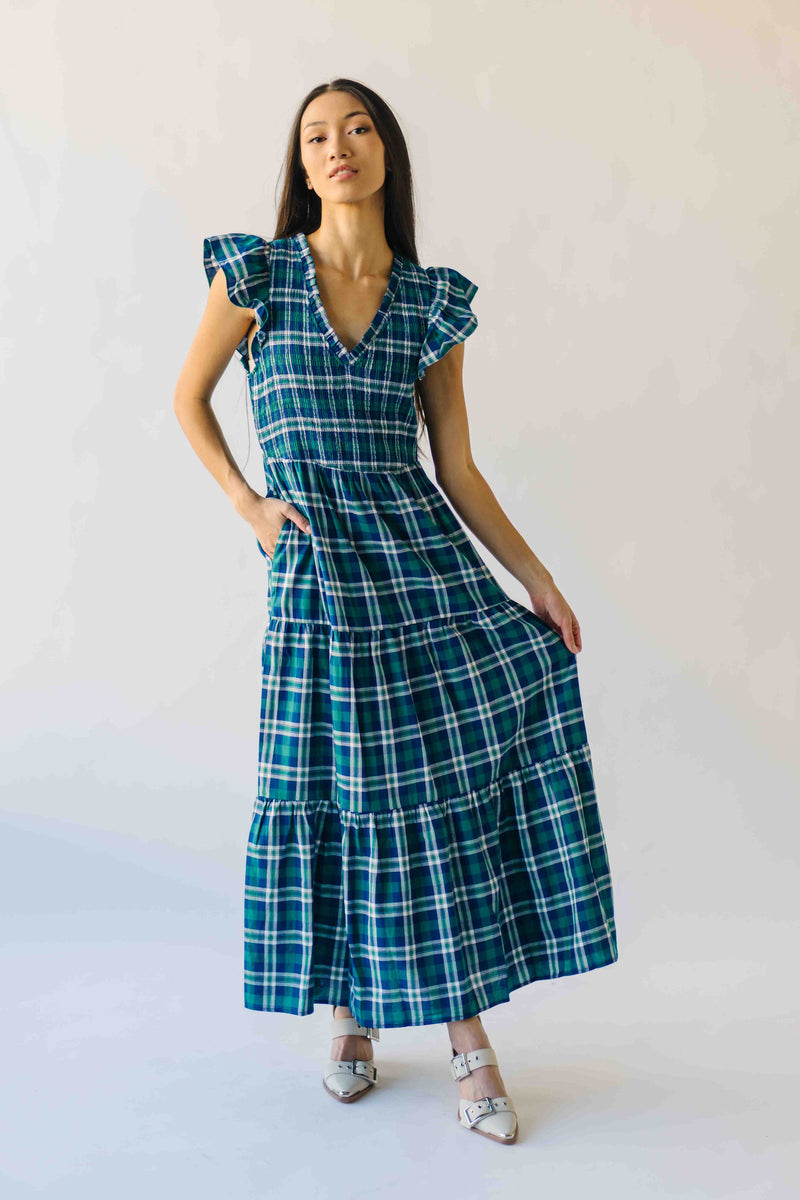 The Fenton Plaid Midi Dress in Navy + Green