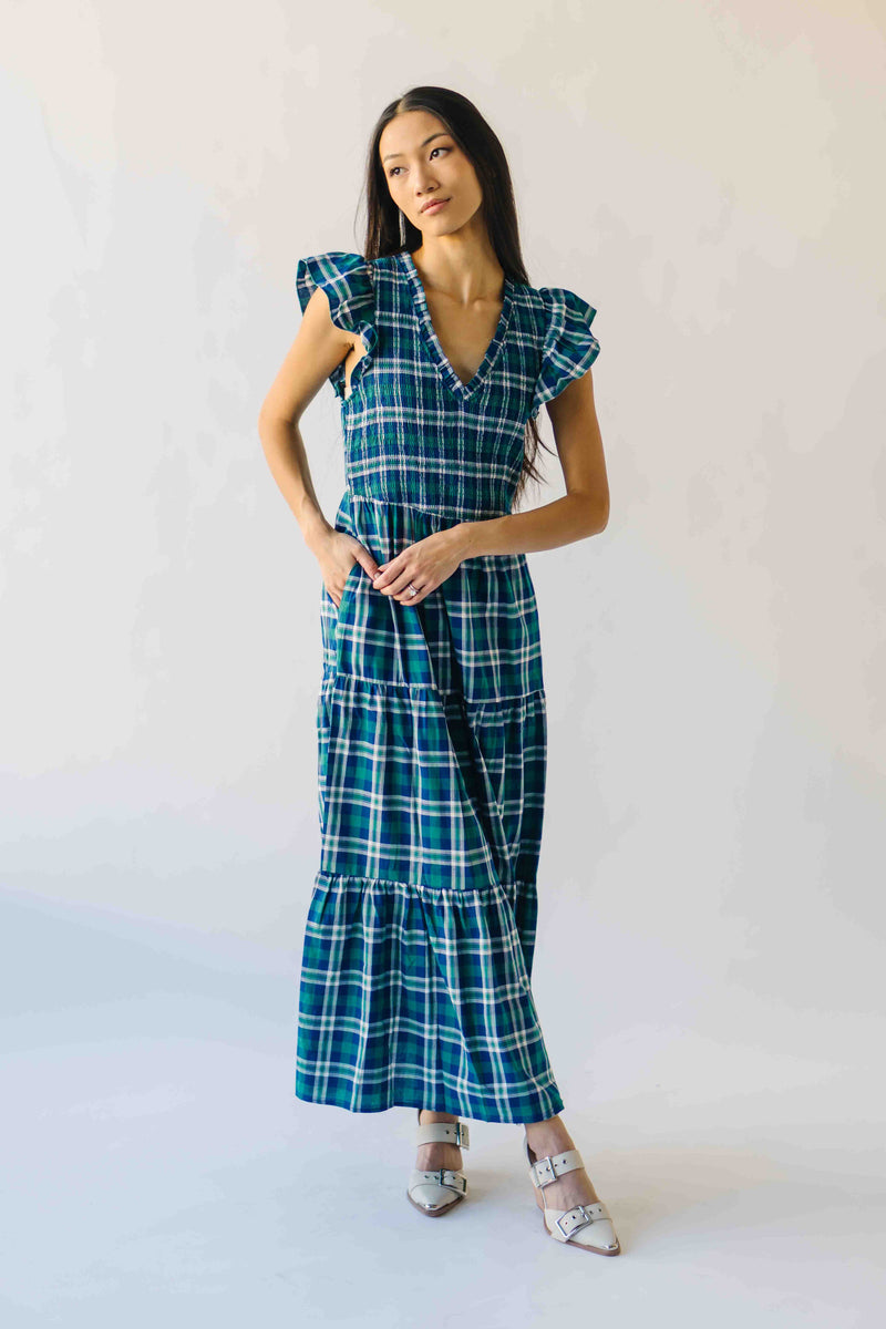 The Fenton Plaid Midi Dress in Navy + Green