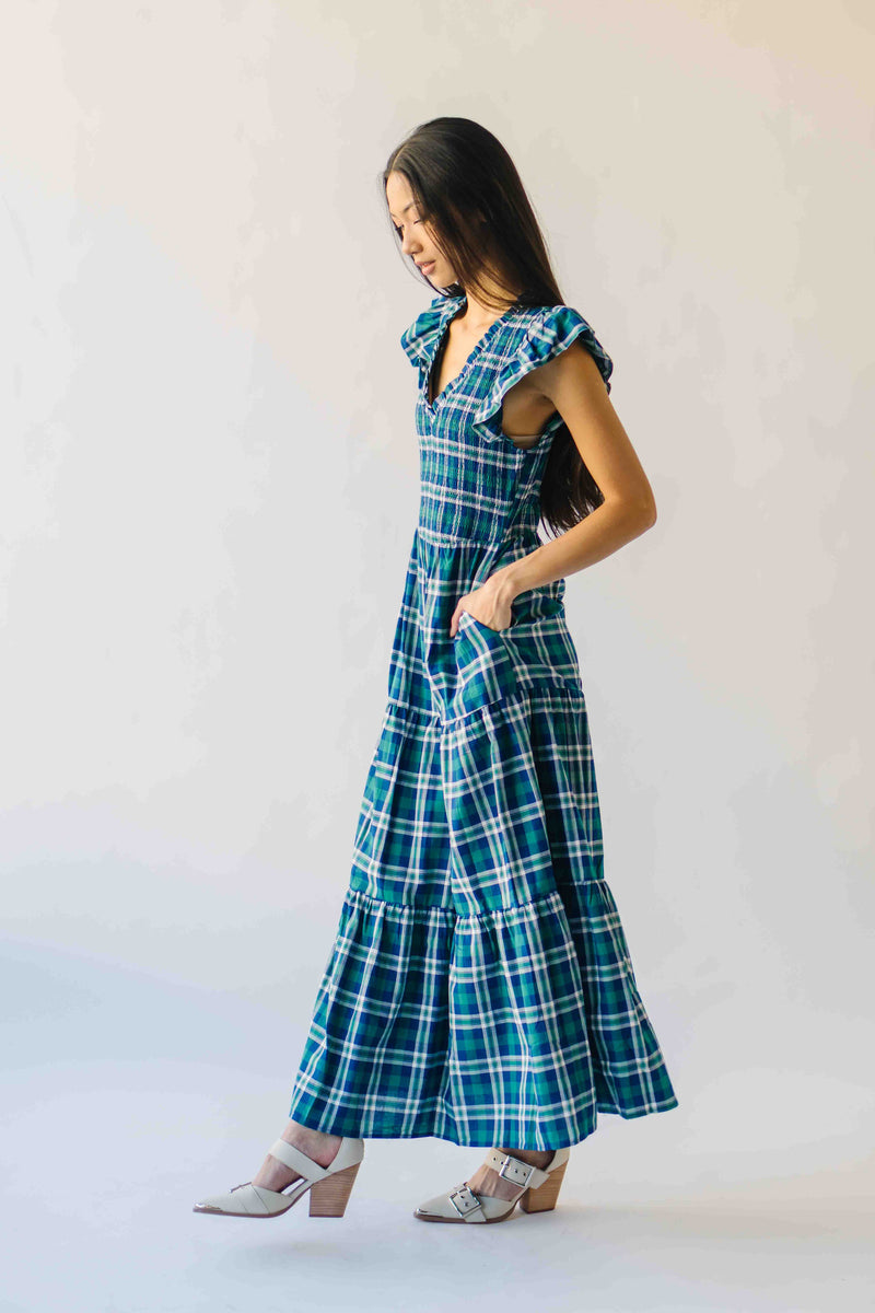 The Fenton Plaid Midi Dress in Navy + Green