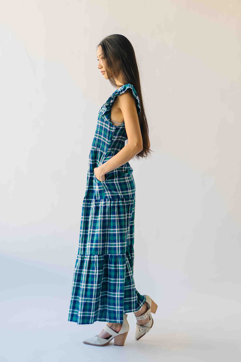 The Fenton Plaid Midi Dress in Navy + Green