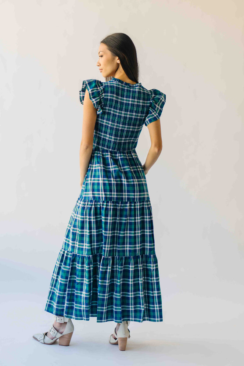 The Fenton Plaid Midi Dress in Navy + Green