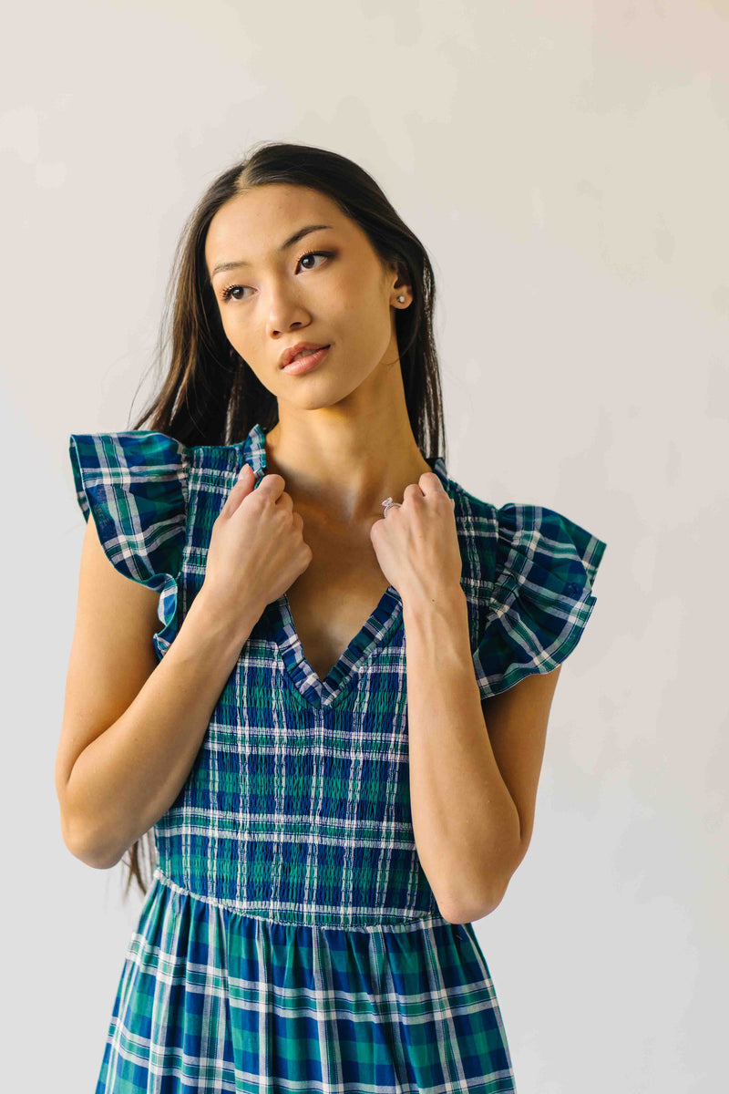 The Fenton Plaid Midi Dress in Navy + Green